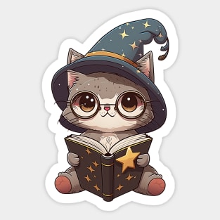 Magical Cat with a Spellbook - Adorable Magic Cat Cartoon Sticker